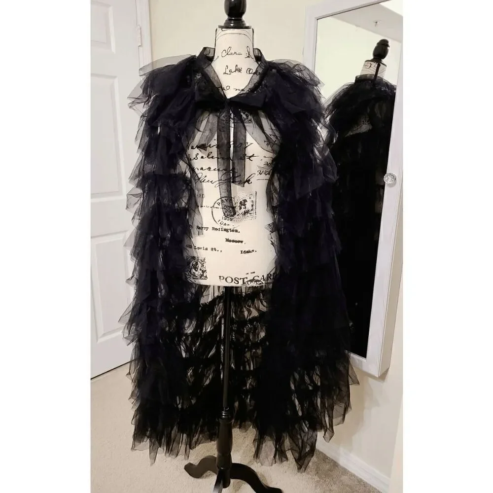 🖤 NEW Goth Tier Layered Tulle Mesh Petticoat Train Wrap Hi-Lo Black Open Skirt